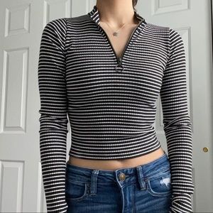 Hollister Black and White Striped Quarter Zip